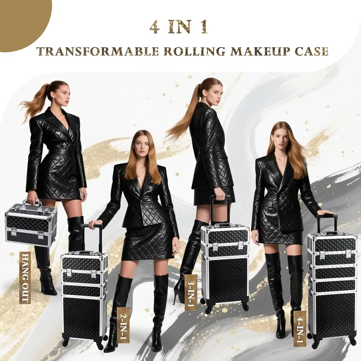 valise de maquillage professionnelle sur roulettes 4 en 1, cadre en aluminium, valise rigide pour cosmétologie sur roulettes, valise de voyage à roulettes avec clés, grande capacité, valise à roulettes avec 4 plateaux, valise de voyage pour tatouage, organisateur de cosmétiques et de vernis à ongles, boîte de rangement noire.