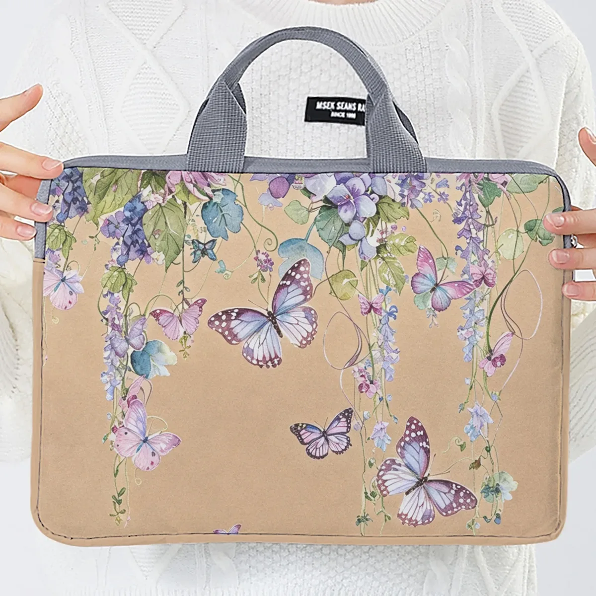 ensemble unique, deux styles, sacoche pour ordinateur portable et porte-documents motif papillon violet, convient aux ordinateurs portables de 14 pouces.