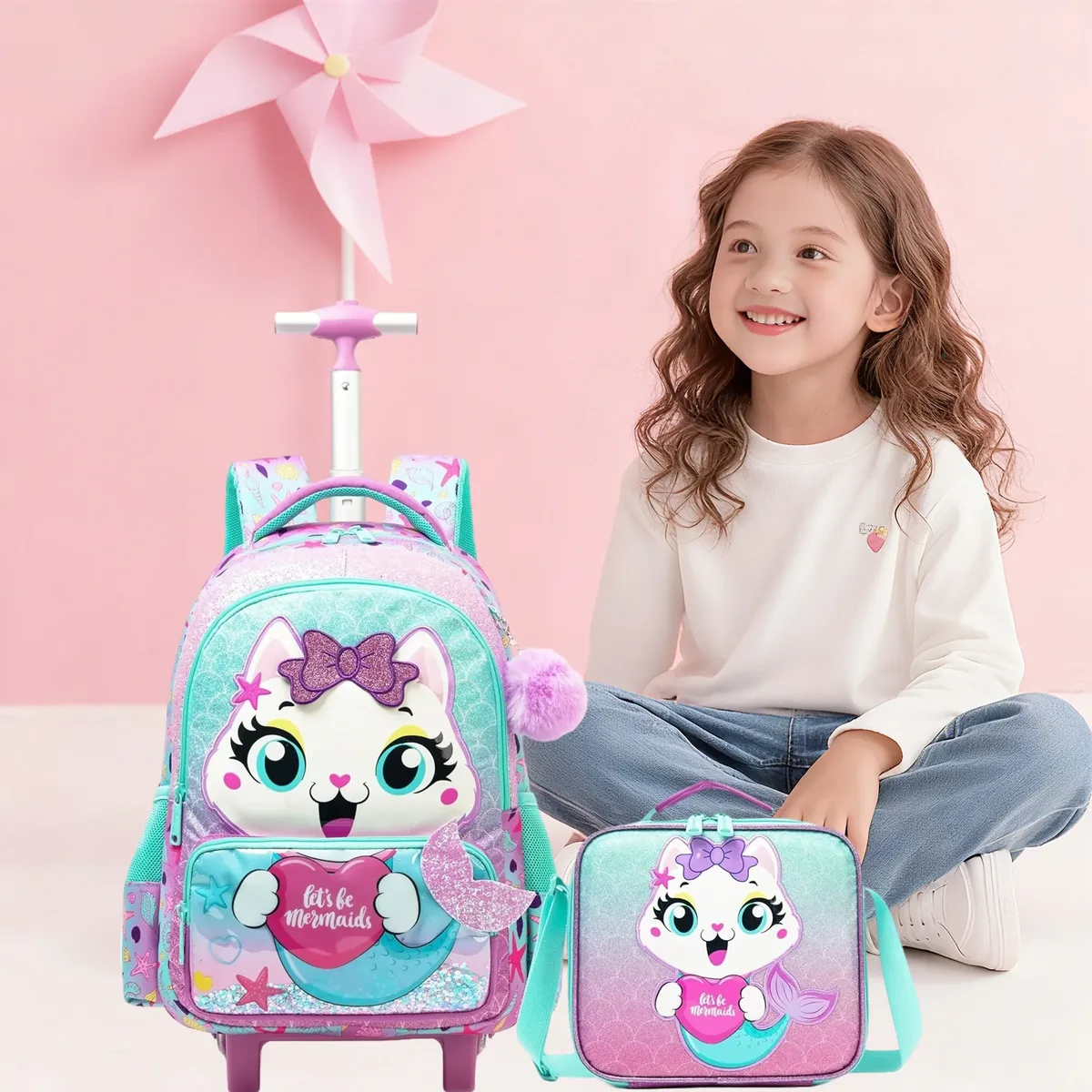 sac à dos roulant pour filles, valise de voyage pour enfants avec roulettes, bagage à main avec animaux mignons pour élèves du primaire, sac à roulettes pour enfants