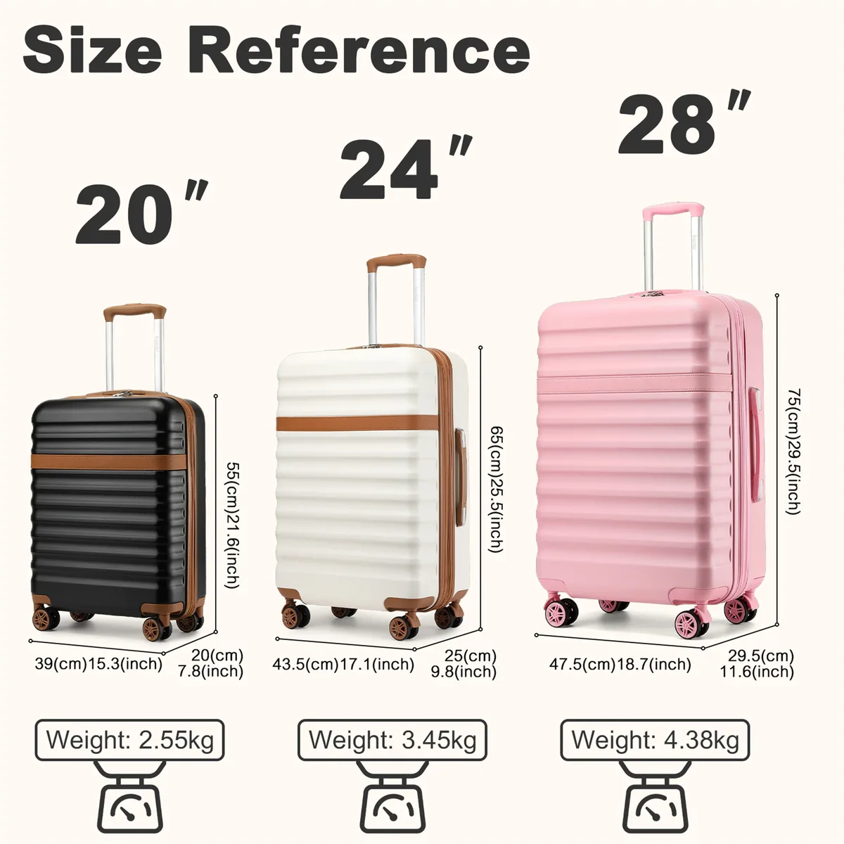 valise rigide kono en abs+pc avec 4 roulettes pivotantes et serrure tsa, bagage à main à roulettes en tailles 20/24/28 pouces
