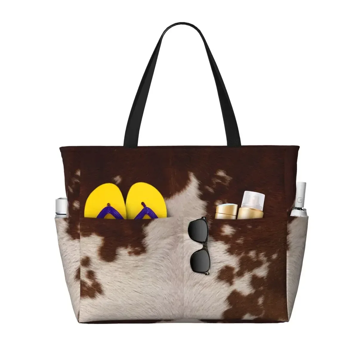 sac de plage élégant en fourrure de vache, texture cuir de vache, motif imprimé peau de vache, sac de yoga, grand sac fourre-tout, sac de voyage pour femme, sac de fitness