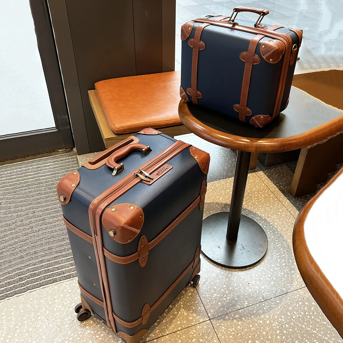 valise de voyage vintage en cuir bleu pour affaires, bagage à main 20 pouces + valise à roulettes 24 pouces, avec serrure tsa, style universitaire, unisexe