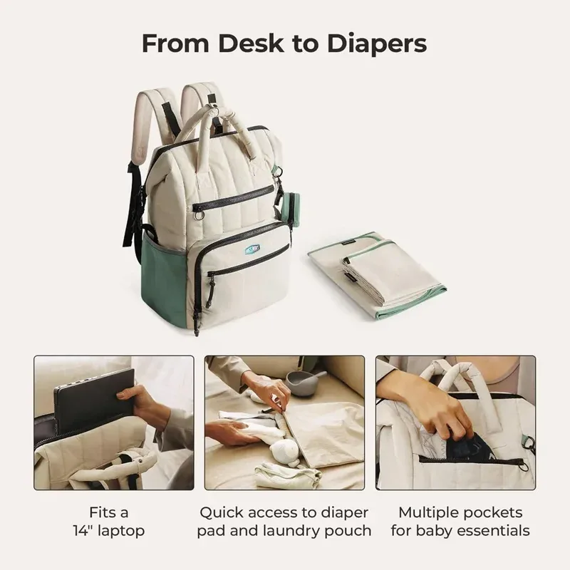 sac dos polyester beige accents verts poches multiples grande capacité maternité sorties mains libres bébé ordinateur portable
