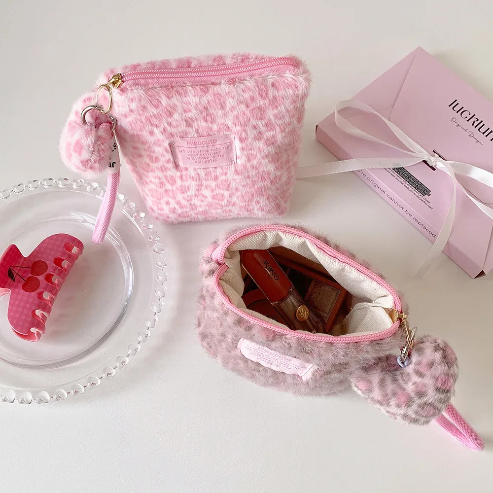 nouvelle trousse de maquillage vintage en peluche imprimé léopard pour filles, organisateur portable de soins de la peau, petite trousse de toilette pour étudiantes, pochette femme