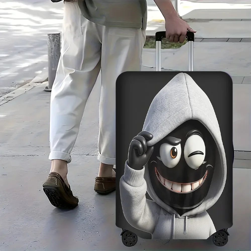 housse valise polyester design humoristique personnage souriant sweatshirt capuche fond noir roues transport protection voyager
