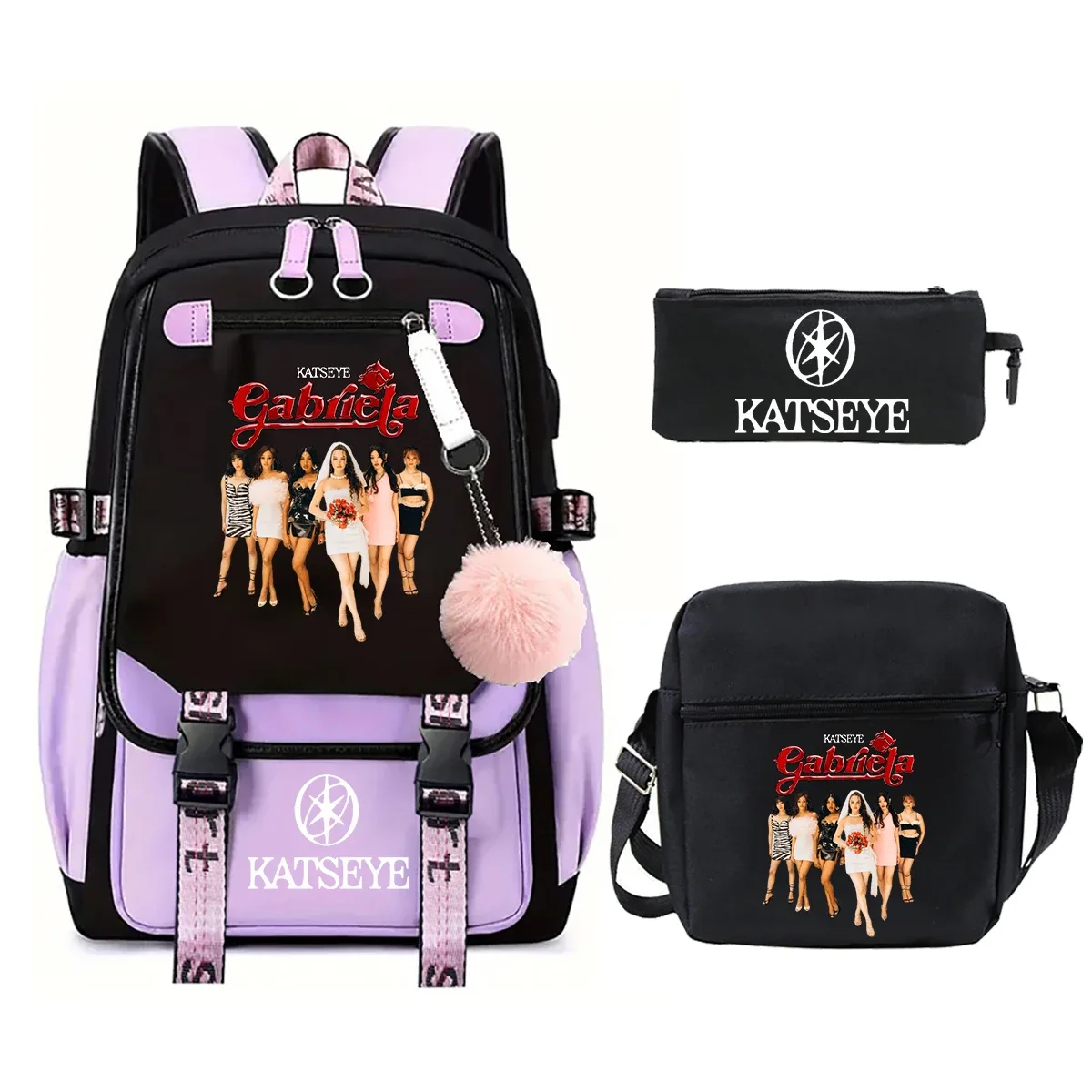 sac dos toile noire bandes violettes accents roses logo katseye dessin animé trousse petit sac bandoulière usage étudiante adolescente voyage école