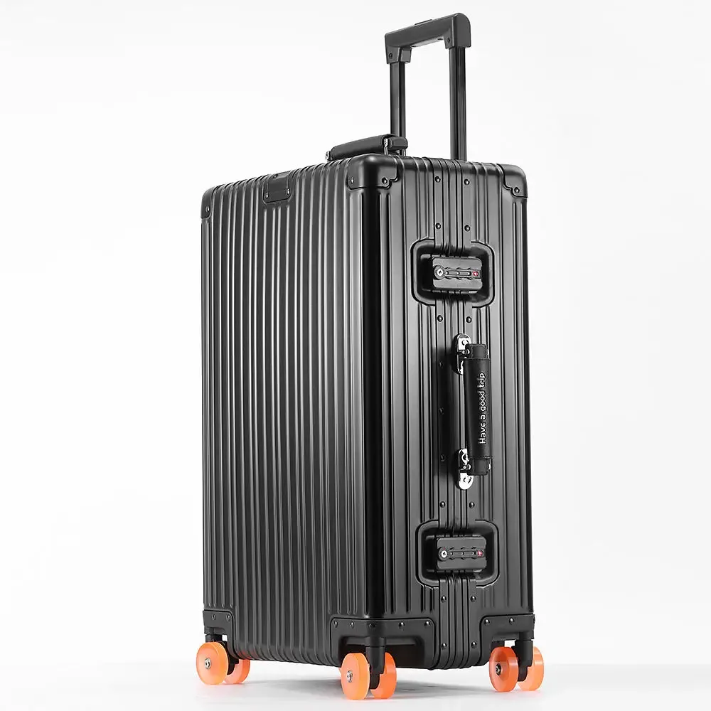 nouvelle valise tout en alliage d'aluminium-magnésium avec roue rotative serrure tsa poignée en cuir 20/24/29 ''étui de voyage sac bagage roulant