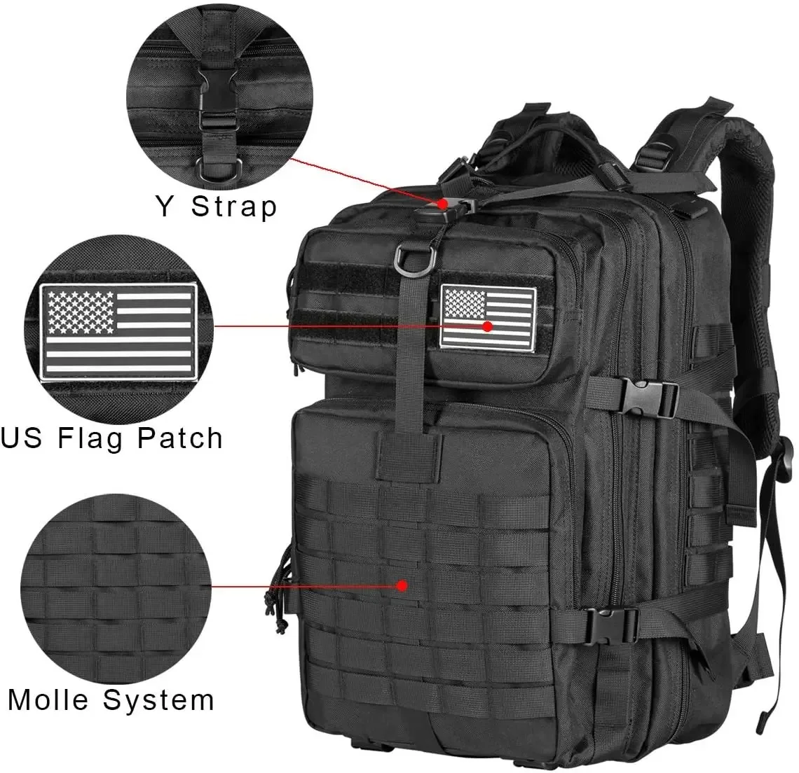 sac dos polyester noir bandes horizontales poche latérale patch américain survie plein air trekkings capacité 36 55 litres