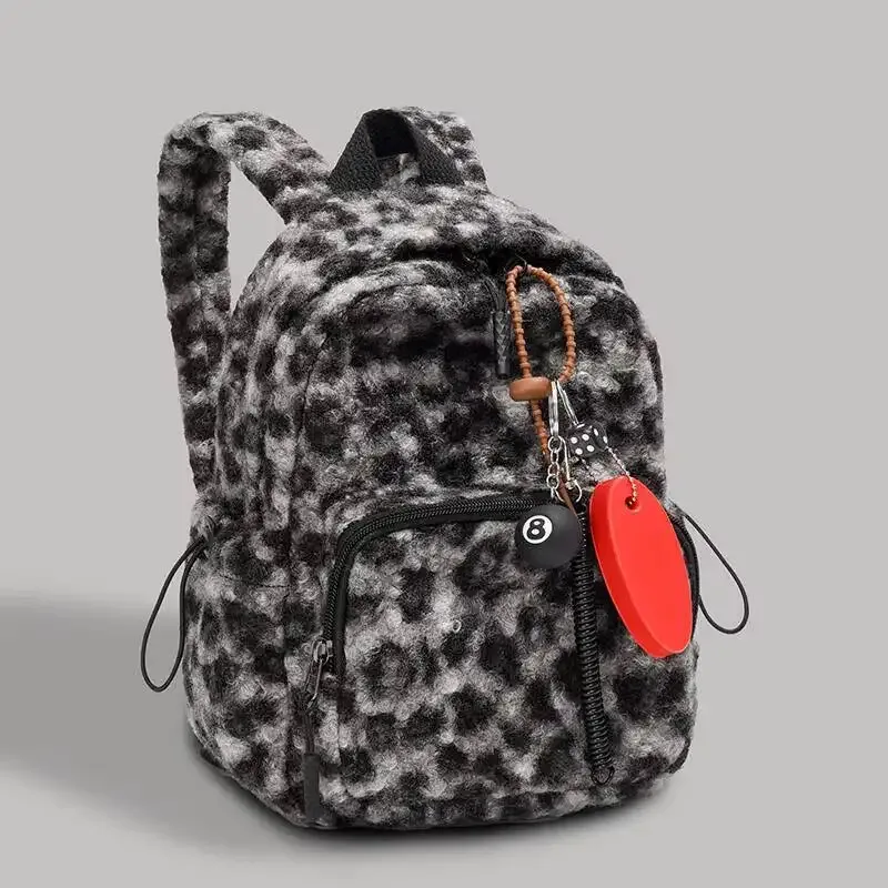 sac à dos en peluche, accessoires mignons, imprimé léopard, sacs à livres décontractés avec pendentif, petits sacs de jour de voyage, sac à bandoulière élégant multiple