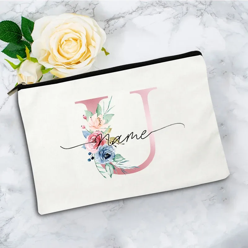 trousse de maquillage personnalisée rose à motifs floraux avec initiale, pochette cosmétique en toile personnalisée, organisateur de voyage pour articles de toilette pour femmes