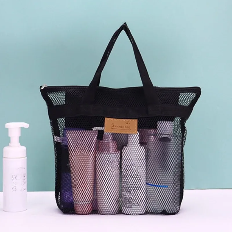 sacs de rangement de maquillage et de toilette en maille, sacs à main portables de voyage plage lavage outils de douche organisateur fourre-tout pochette de rangement de cosmétiques
