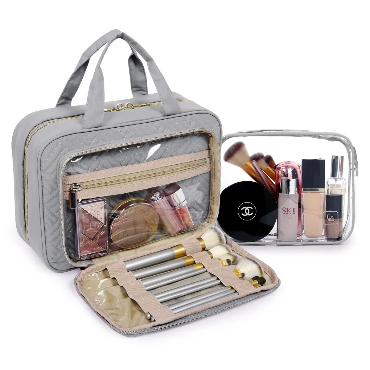 trousse toilette pvc noire accent doré compartiments organisation maquillage voyage boîte format rectangle motif géométrique relief frontal
