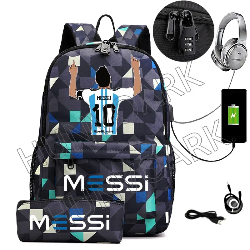 messi-sac à dos étanche avec chargeur usb, sac à dos de voyage décontracté, grande capacité, sacs d'école pour ordinateur portable, hommes et femmes