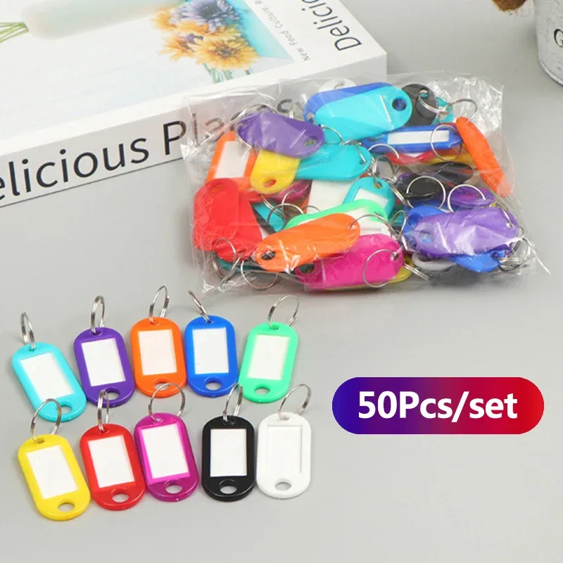porte-clés coloré, étiquette de clé, nom d'identification, adresse de salle, marqueur de numéro tel, étiquette de bagage avec anneau fendu, 50 pièces