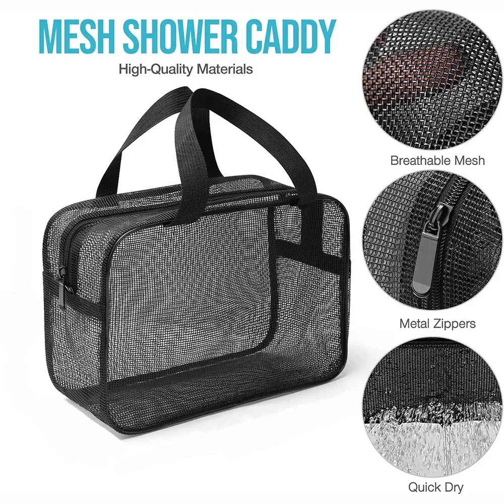 sac de bain portable, pochette de toilette en maille, sac de rangement pour maquillage de voyage, organisateur d'accessoires de salle de bain, sac de plage