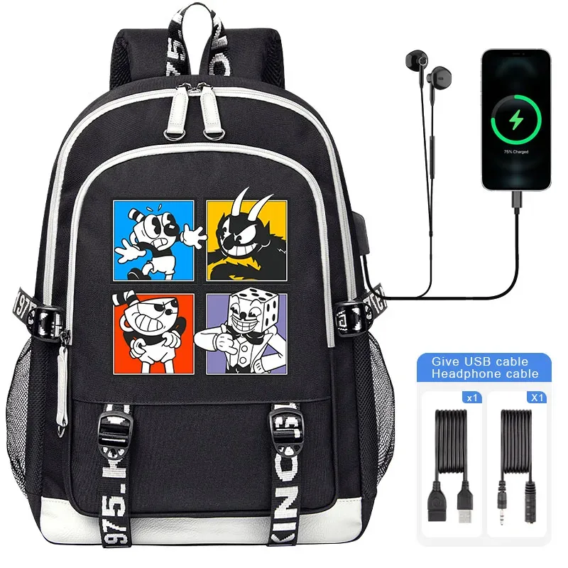 sacoche nylon illustrations cuphead dessin animé noir blanc gris ordinateur portable adolescents étudiants voyager capacité haute bandoulière souple