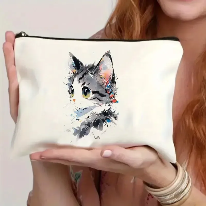 chat, fraise fille, motif d'amitié, sac de voyage, sac à fermeture éclair en polyester imperméable, cosmétiques, accessoires