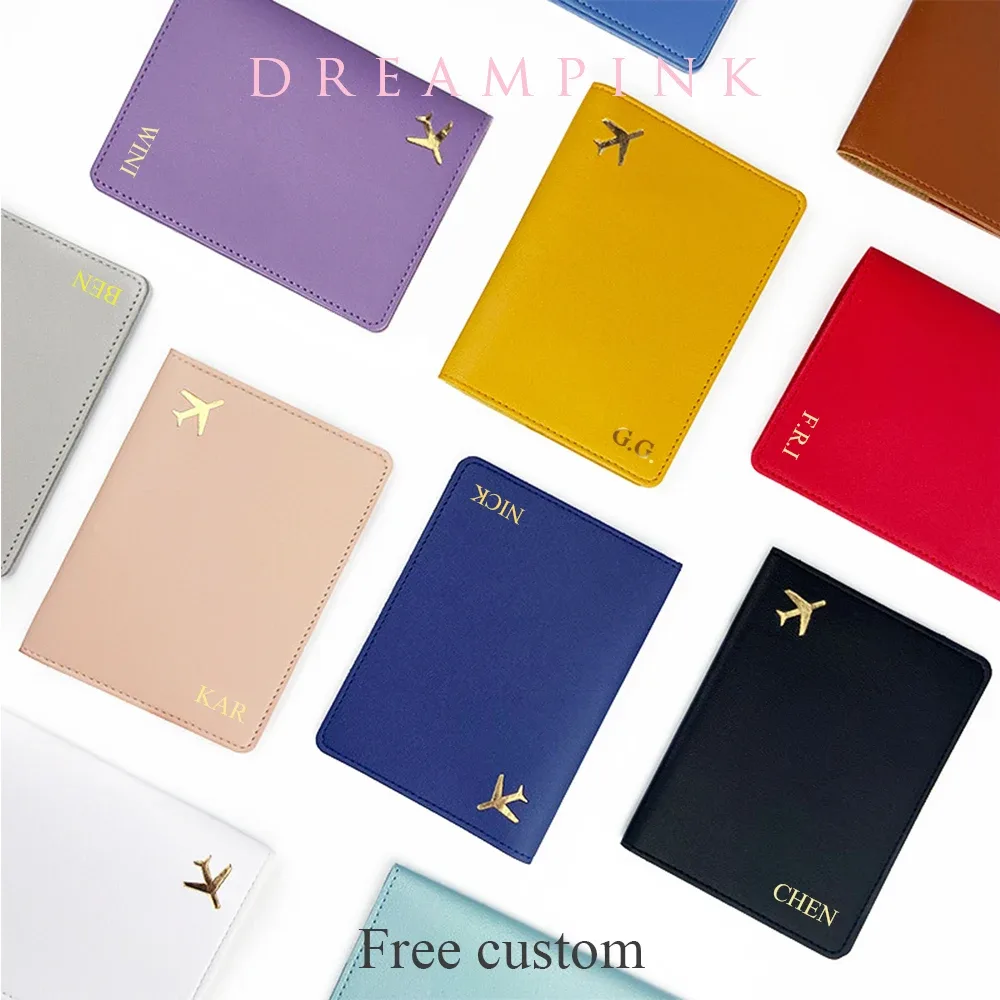 porte-passeport avec initiales personnalisées, couverture d'accessoires de voyage en avion doré, nom personnalisé, cadeau de mariage, logo de l'entreprise, manchon de passeport