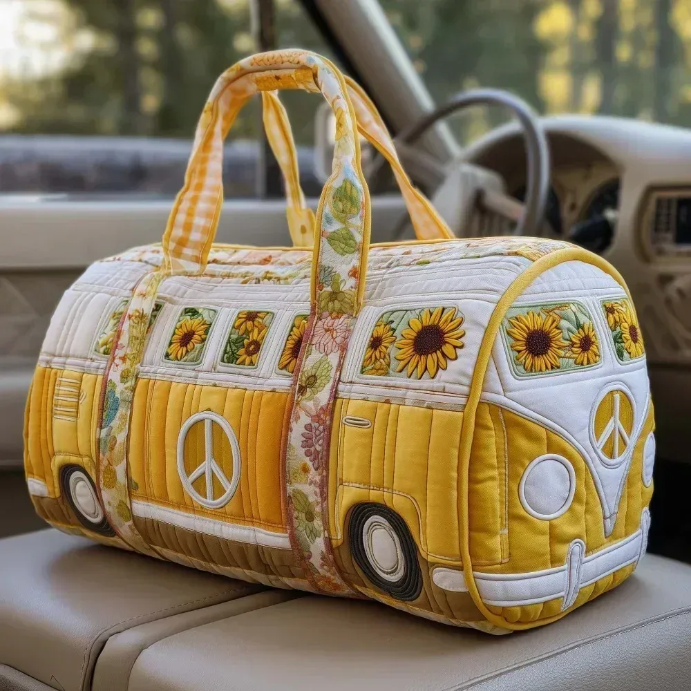 sac voyage polyester fleurs blancs symboles paix texturé poignées tissu sacoche hippie motifs colorés week end polyvalent