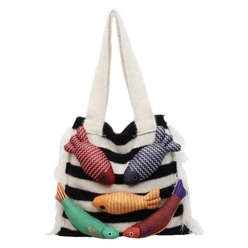 sac fourre-tout tricoté décontracté motif petit poisson mignon, nouveauté été, sac à bandoulière polyvalent pour trajets quotidiens, avec découpes contrastées
