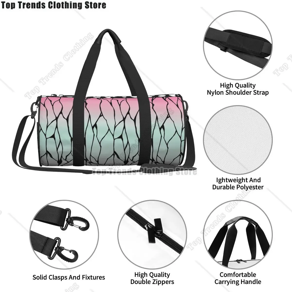 sac voyage polyester motif lignes noires couleurs pastel rose vert bleu poignée bandoulière supérieure ajustable format sport rond usage week-end fitness