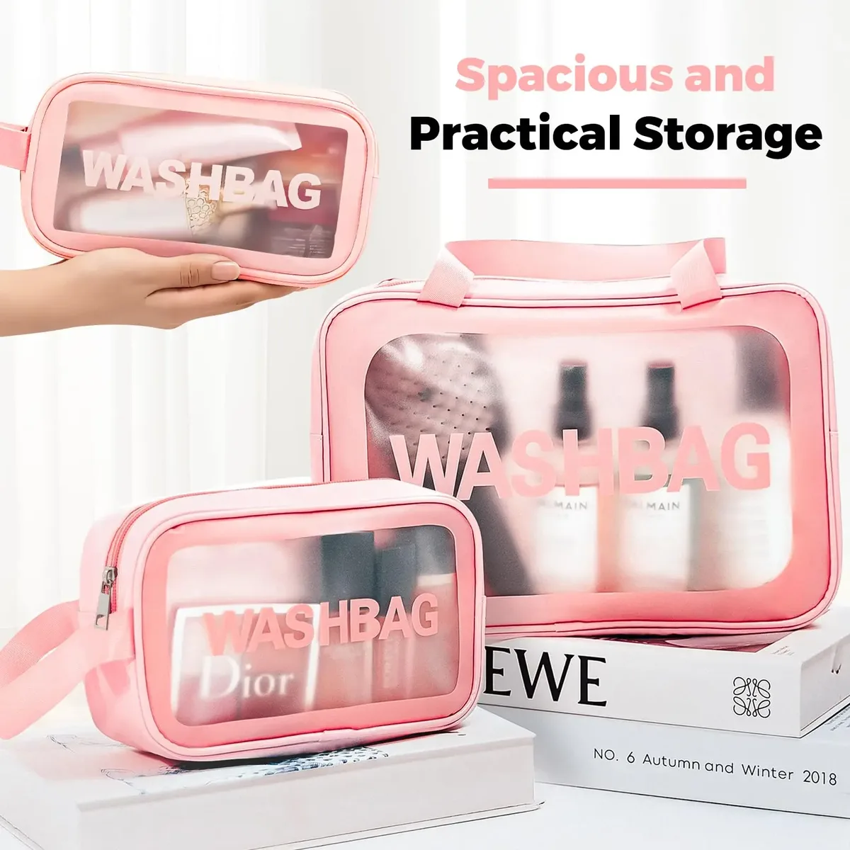 sac cosmétique 2 en 1, sac transparent pour soins de la peau, grande capacité, pvc semi-transparent givré, sac de rangement portable, pu 1/3 pièce