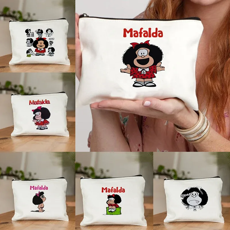 mafalda mignon anime cosmétique trousse de maquillage crayon organisateur fermeture éclair kawaii maquillage pochette sac à main voyage trousses de toilette cadeau