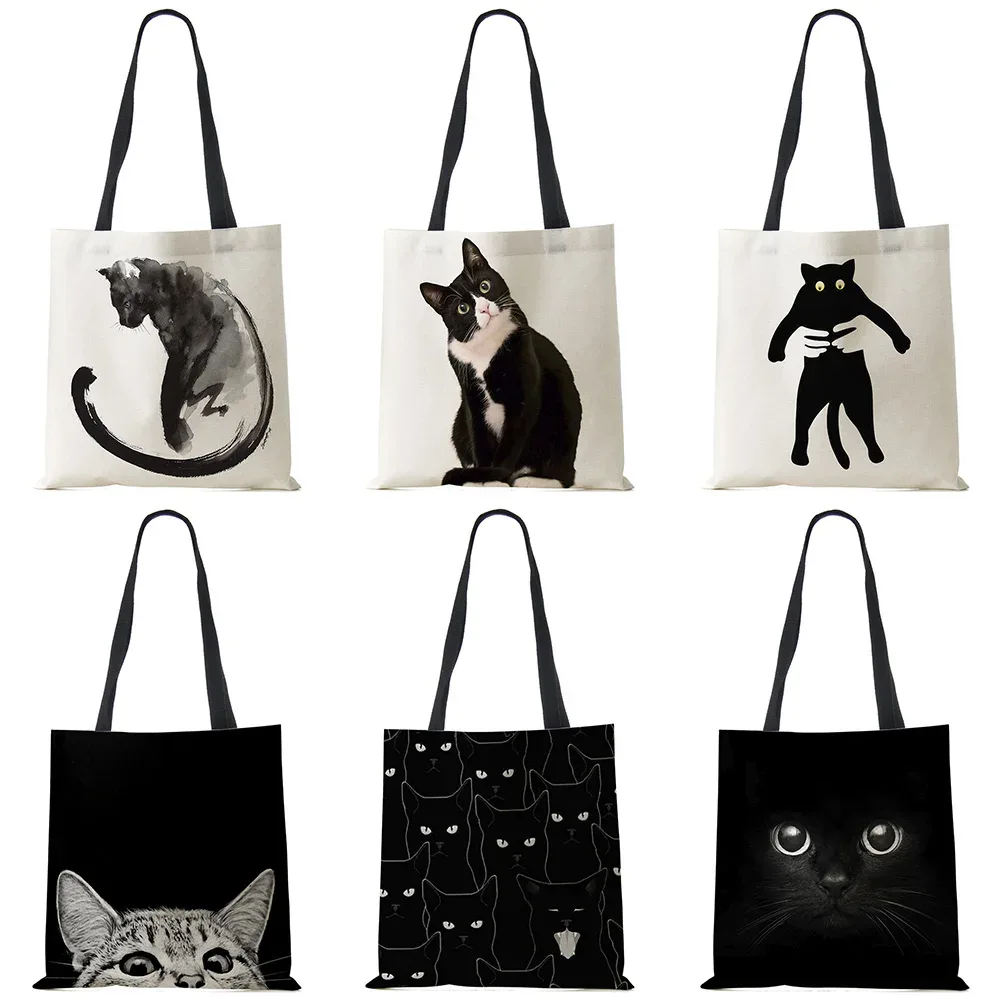 sacs fourre-tout de styliste pour femmes, sac à main écologique en tissu de lin imprimé chat noir sumi, sac à bandoulière réutilisable pour le bureau et le shopping