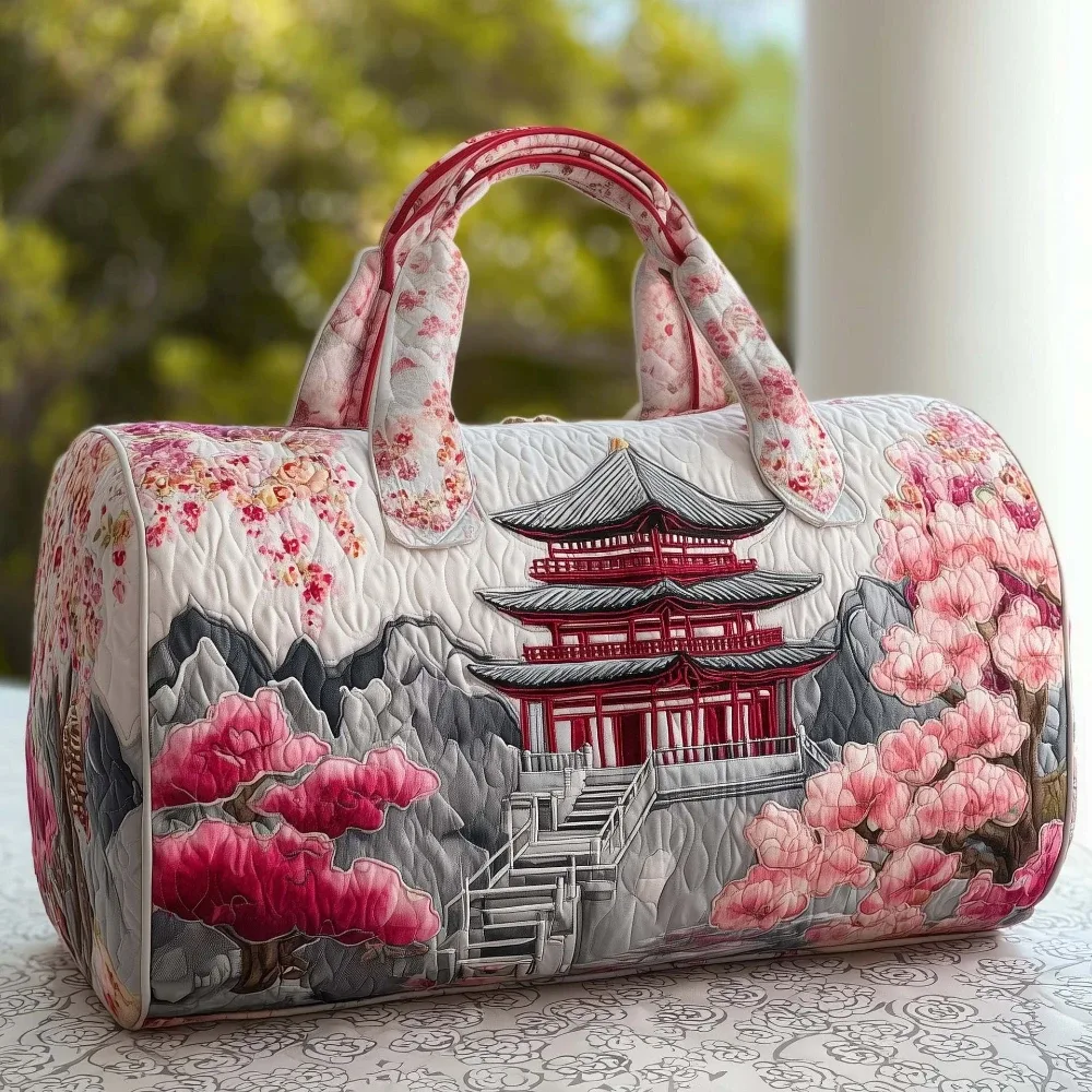 sac de voyage matelassé 3d de style japonais, imprimé pagode de cerisier, léger, sac de voyage vintage, cadeau oriental