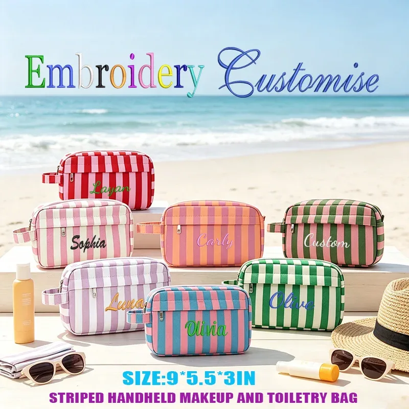 Trousse de toilette rayée à double compartiment, portable pour les voyages, idéale pour les trajets quotidiens, les vacances, la plage, les fêtes, cadeaux créatifs, anniversaires, rentrée scolaire, remise des diplômes.