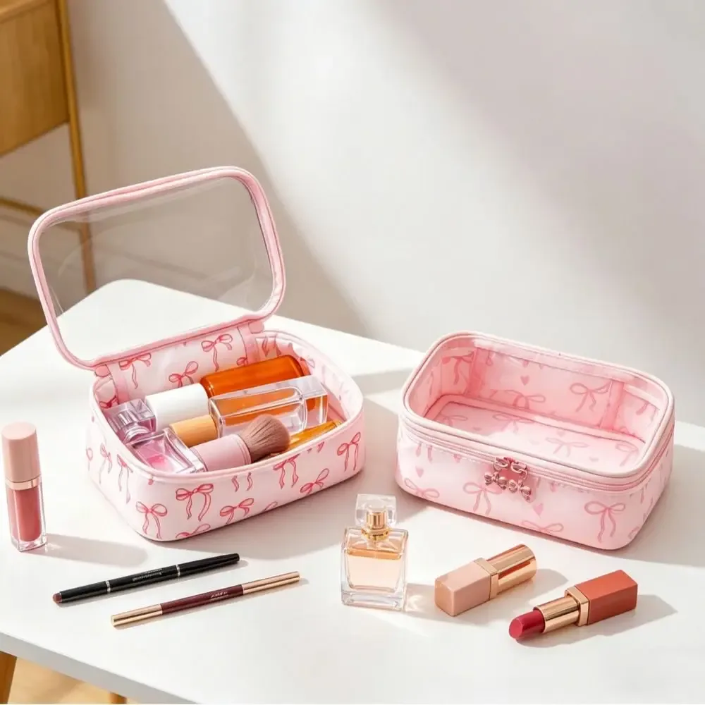 sac de maquillage polyvalent en pvc transparent avec fermeture éclair, sac à cosmétiques imprimé nœud, trousse de toilette de grande capacité pour femmes et filles