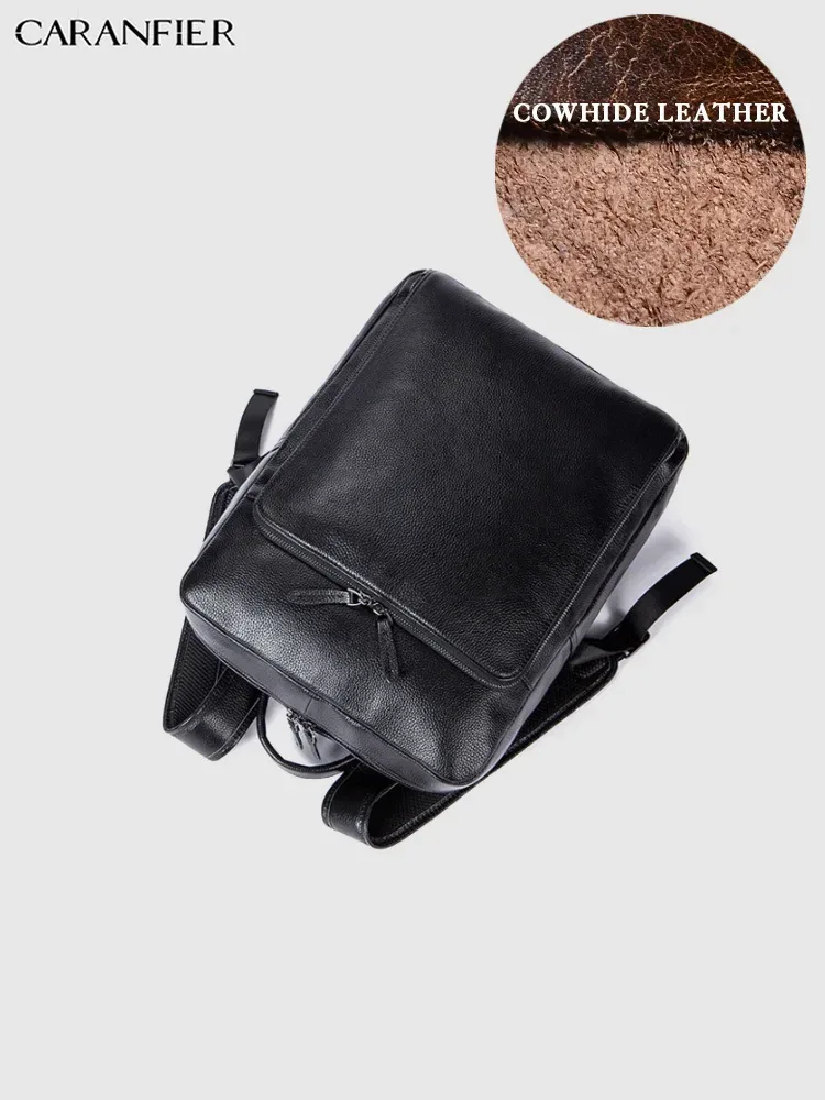 sac dos cuir vache noir forme rectangulaire bords arrondis poignées retractables bandoulière arquée fermeture éclair polyester intérieur informatique usage voyage business casual vintage classic