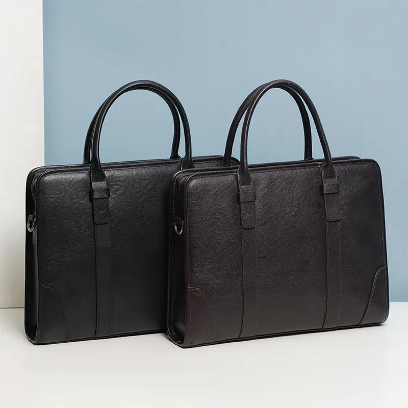 Porte documents Cuir Vache Polyester Fermeture éclair Blanc Noir Marron Gris Kaki Poche intérieure zippée Poche extérieure Poignée souple Voyage Business
