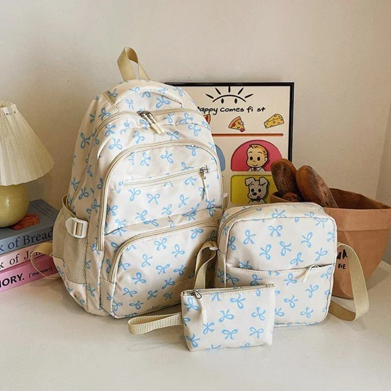 sac à dos tendance coréen pour femmes, imprimé nœud, léger, simple, pour étudiants, sac d'école, sangle réglable, sac à dos de voyage, 3 pièces/ensemble