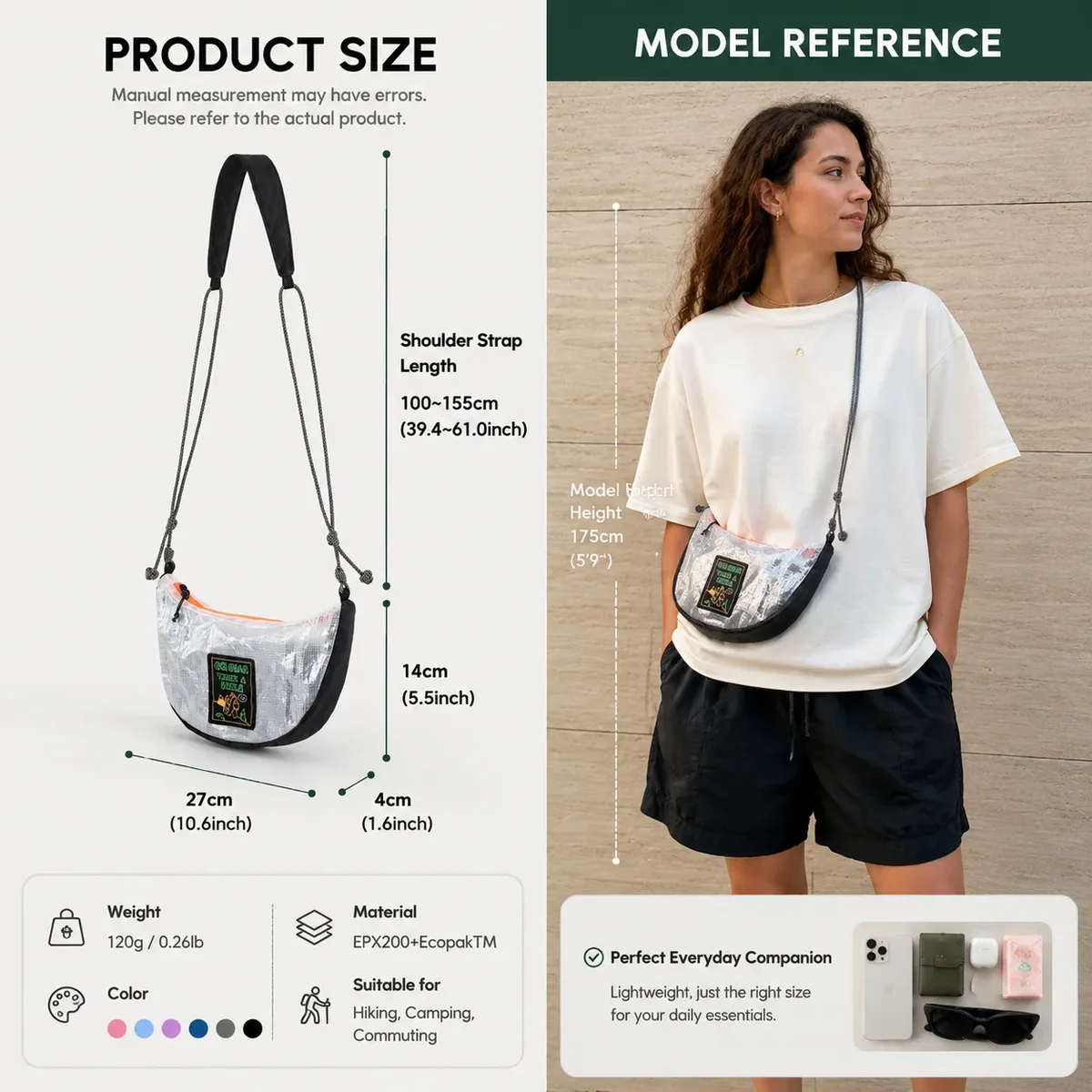 sac à bandoulière en maille ecopak tech, ultraléger 120g, sac demi-lune, imperméable 70psi, sac à bandoulière pour la randonnée et le camping, pour hommes et femmes