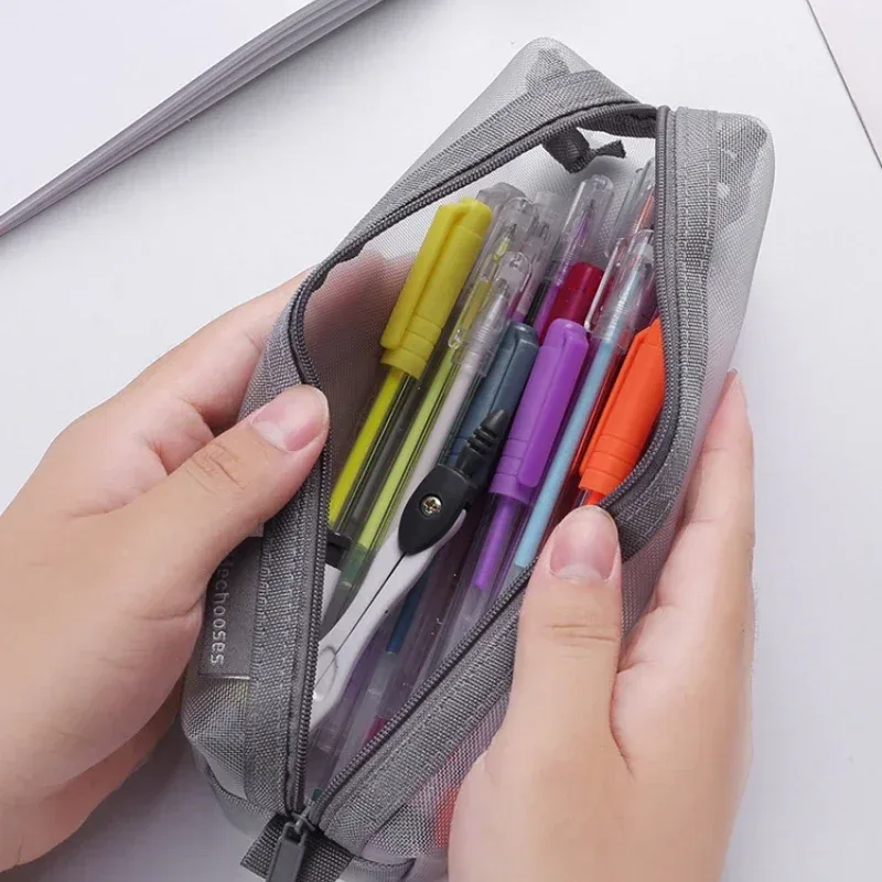 sac à cosmétiques en maille de nylon transparent simple, sac de papeterie pour étudiants, trousse à crayons, sac de rangement portable de grande capacité, pochette de maquillage