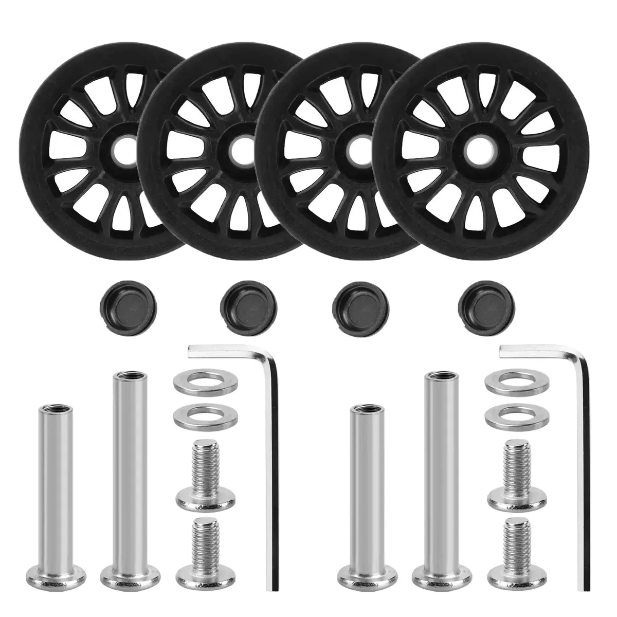 roues remplacement plastique noires motif radial douze rayons format cinquante millimètres usage réparation valises voyage