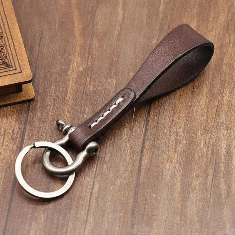 porte-clés en cuir de vachette fait main de haute qualité, breloque de sac, cordon pour clés de voiture, boucle fer à cheval vintage en cuivre, pendentif de sac à dos