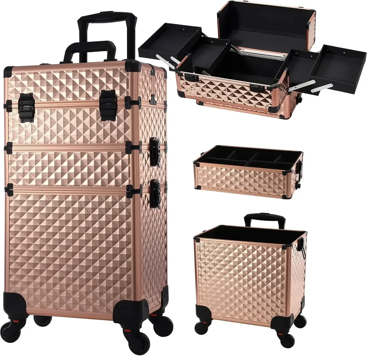 trousse de maquillage roulante 3 en 1, trousse de maquillage amovible, étui de cosmétologie sur roulettes, chariot de maquillage verrouillable de grande capacité pour salon