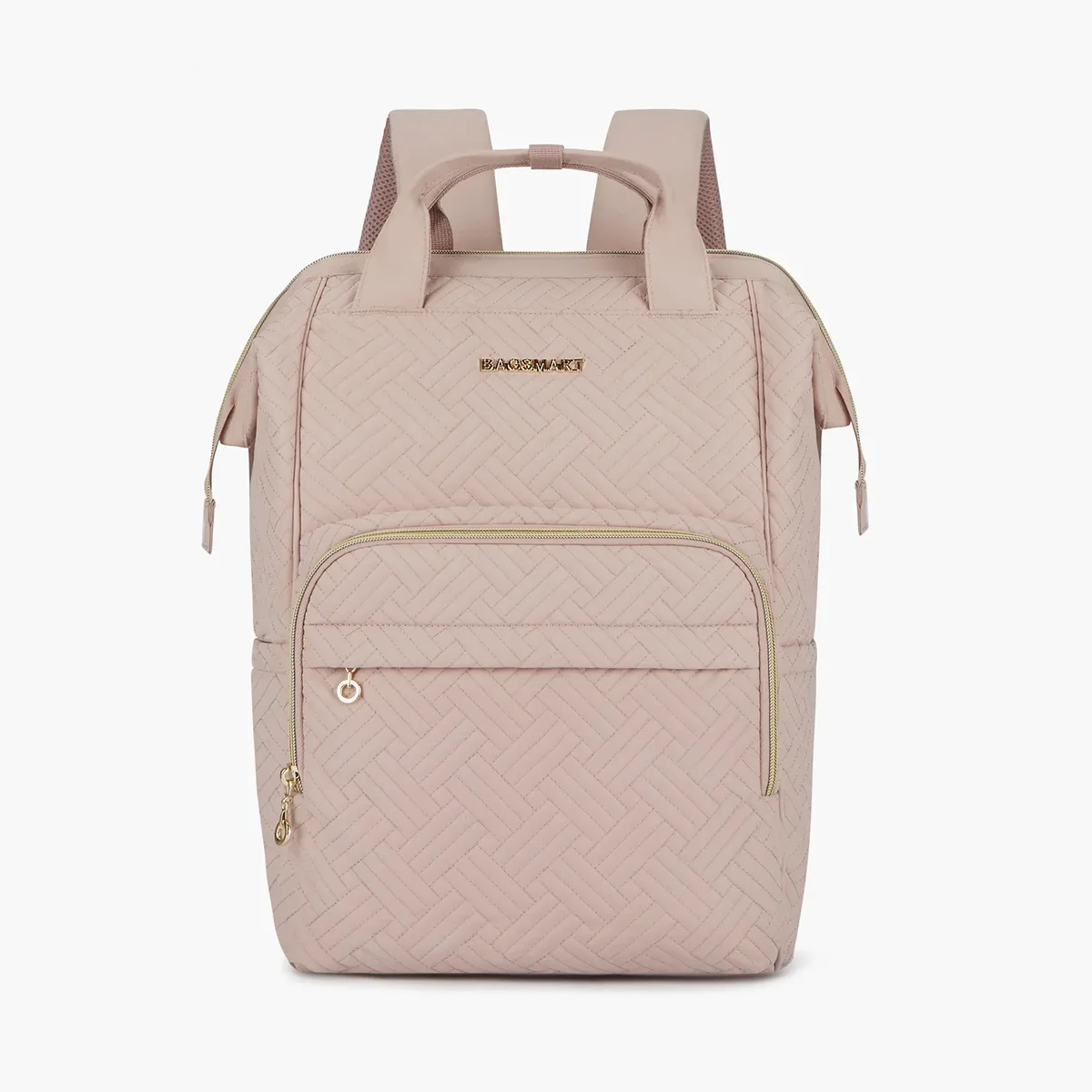sac dos nylon rose pâle motif géométrique relief poches latérales grande ouverture fermeture glissière bandoulière arquée usage voyage universitaire