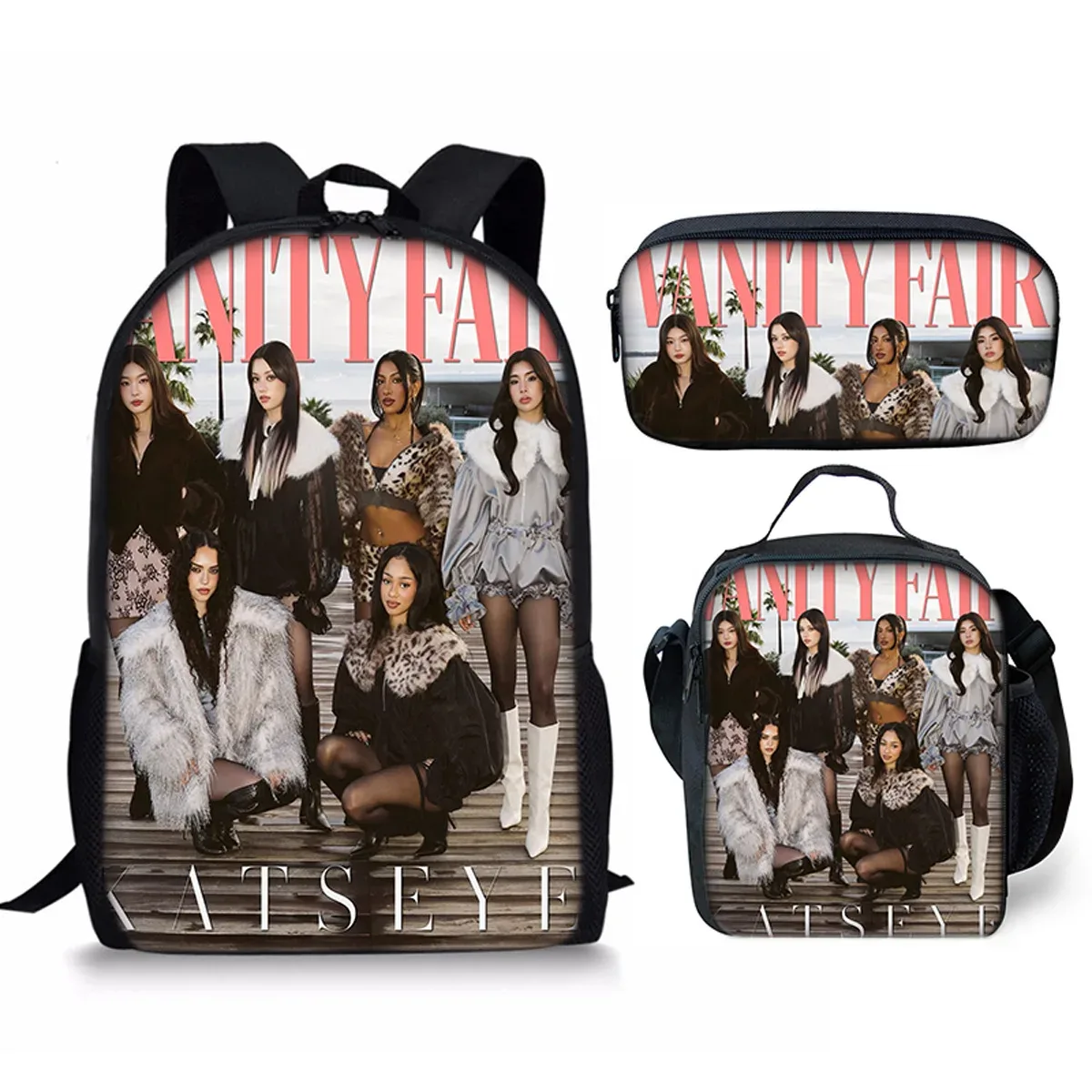 sac à dos d'école kpop katseye 3d imprimé, 3 pièces/ensemble, avec sac à déjeuner et trousse à crayons – nouveauté amusante et populaire de luxe