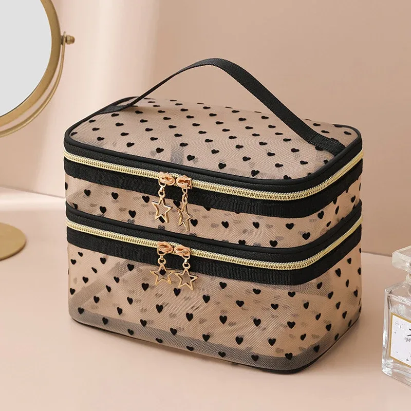 trousse de maquillage en maille de grande capacité, essentiels de voyage, trousse de toilette pour cosmétiques, design à double couche
