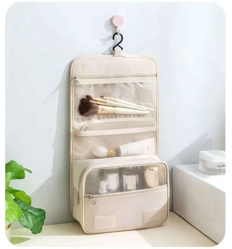 sac de toilette portable à crochet, multifonctionnel, imperméable, résistant à l'usure, rangement multicouche, grande capacité, trousse de maquillage