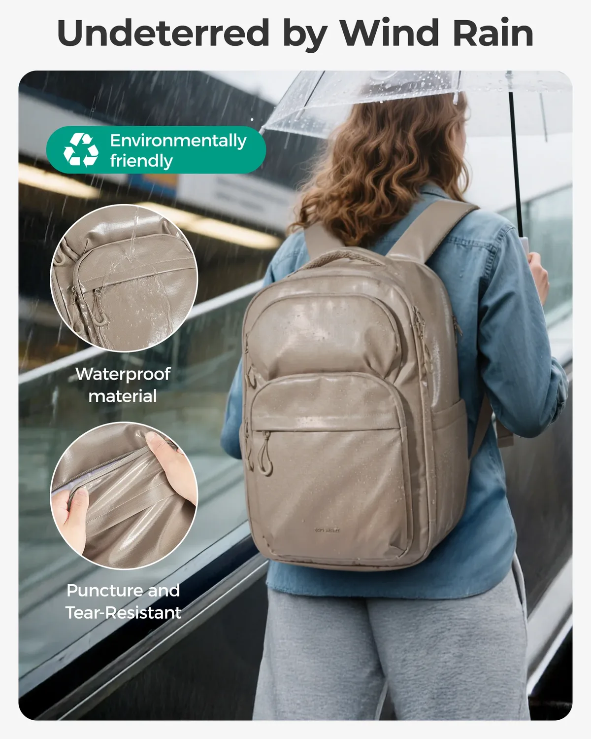 sac dos polyester beige forme rectangulaire poches latérales compartiment chaussures capacité 27l usage voyage école affaires