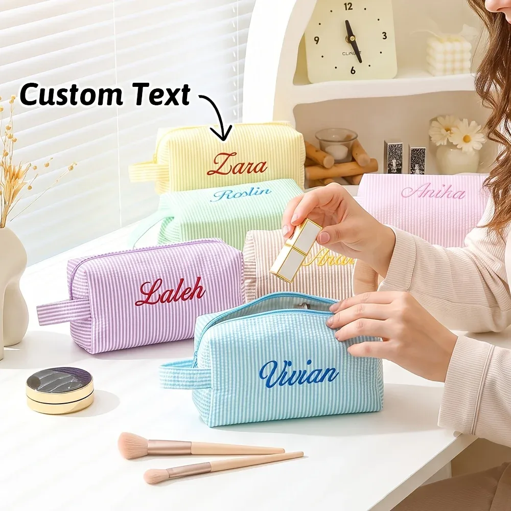 trousse de toilette brodée avec nom/texte, grande capacité, trousse de maquillage légère, cadeaux souvenirs personnalisés pour anniversaire