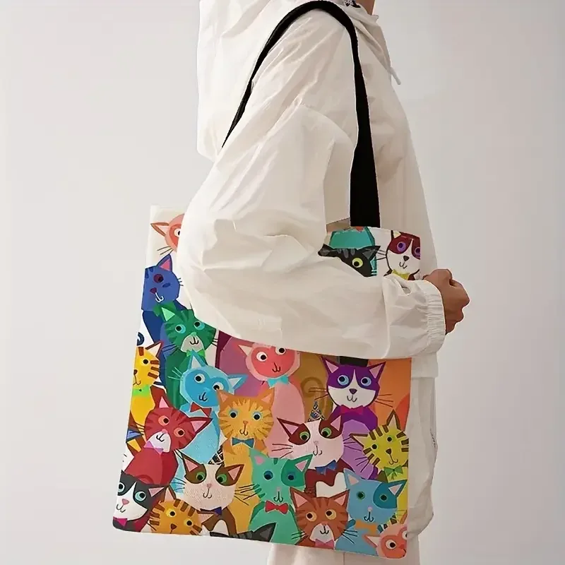 sac à main décontracté imprimé motif chaton coloré, sac à dos réutilisable et tendance, sac de courses multifonctionnel en toile