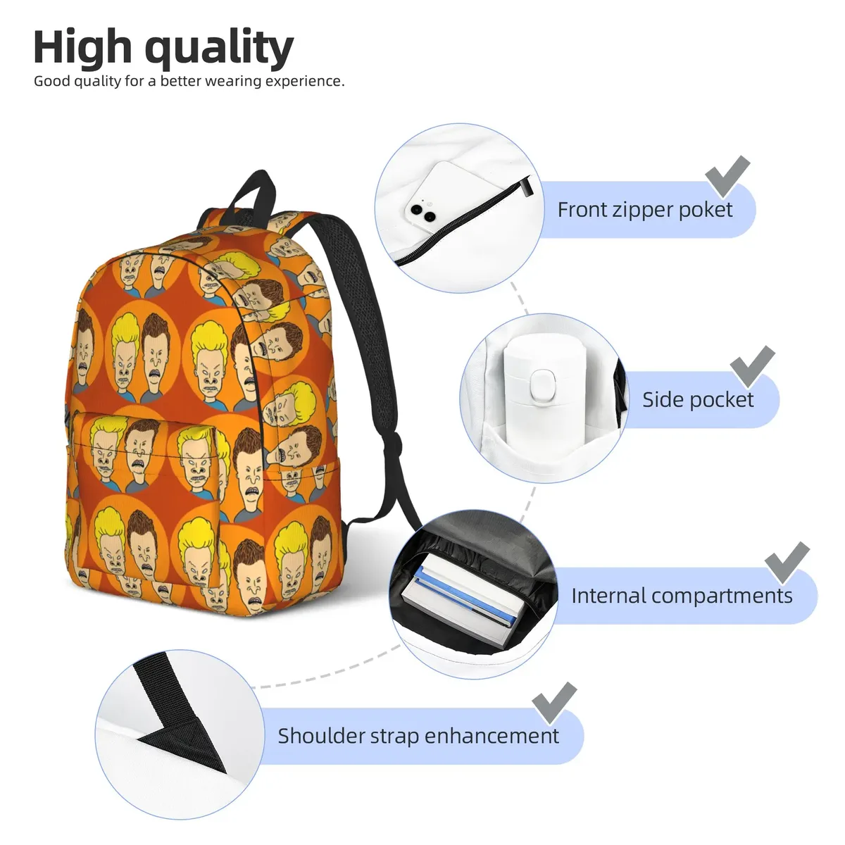 sac à dos vintage portable pour la rentrée scolaire, motif animé beavis et butt-head, pour hommes et femmes, sac pour ordinateur portable