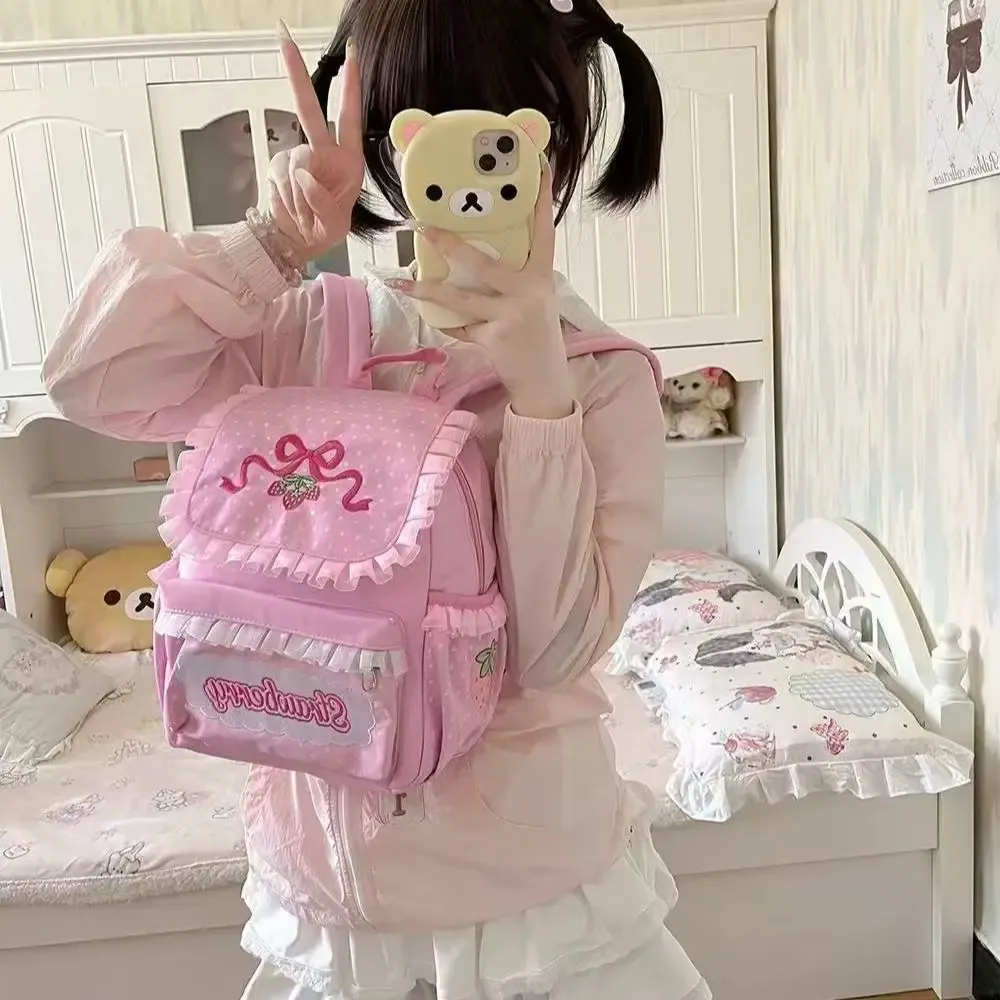 sac dos nylon rose motif fruits fraises broderie dentelle patchwork usage école décontracté femmes
