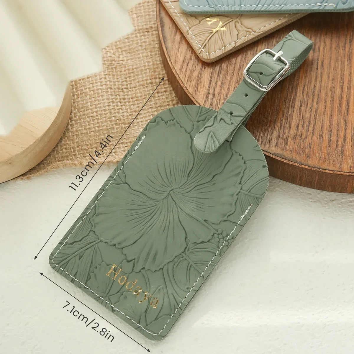 étiquette bagage cuir végétalien motif floral bleu gris vert rose kaki voyage identification valise sac voyage