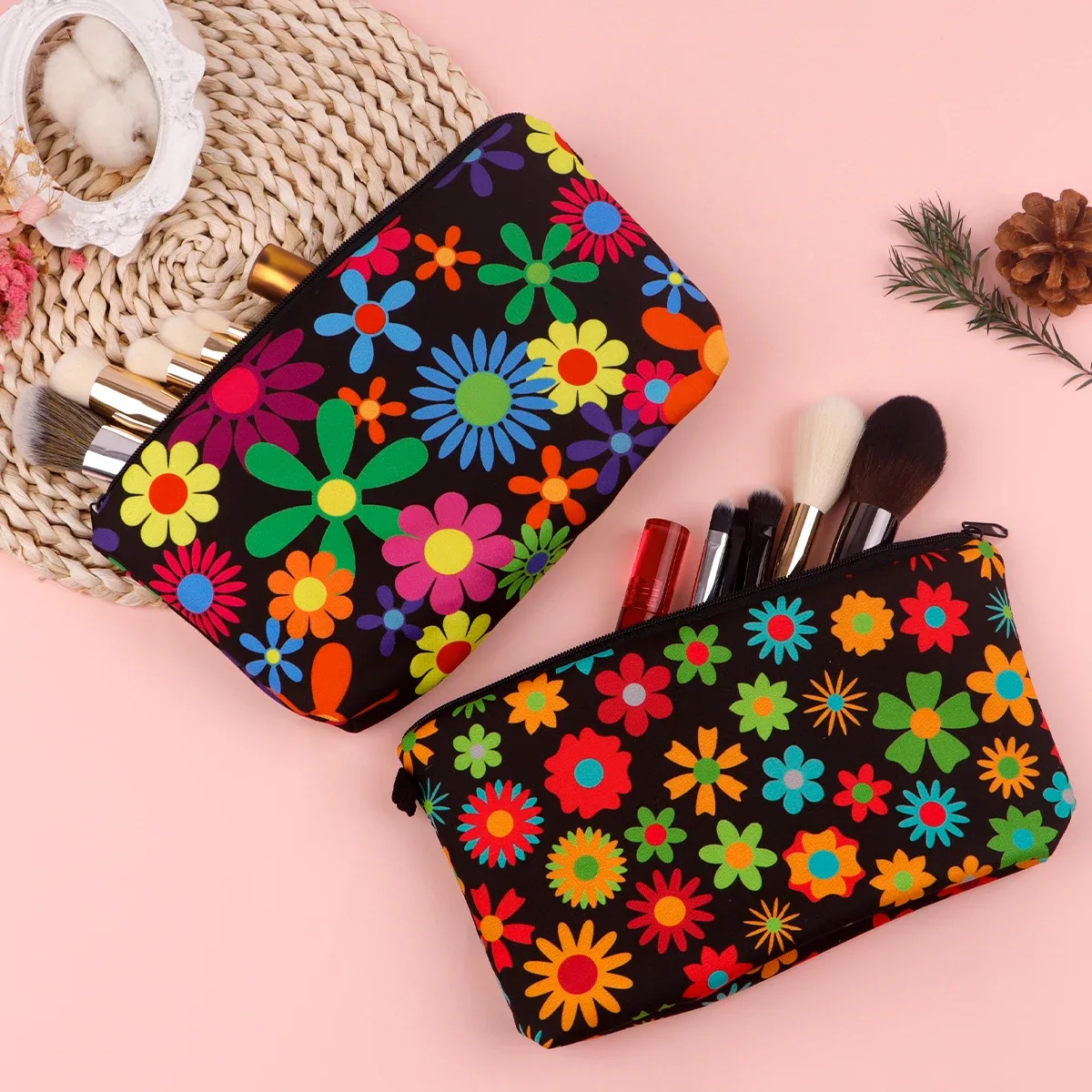 sac de maquillage à fermeture éclair série fleur pour femmes, pochette de rangement de voyage portable, sac de rouge à lèvres de voyage, trousse de maquillage, sacs pour pinceaux cosmétiques